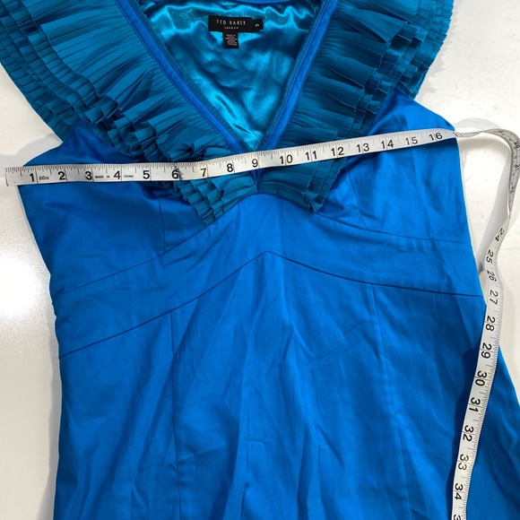Ted Baker London Vibrant Blue V-Neck Ruffle Neck/Sleeves Cotton Cocktail Dress M - Picture 12 of 16